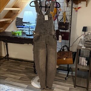 Hot & Delicious Distressed Gray Denim Overalls Frayed Edge Size M